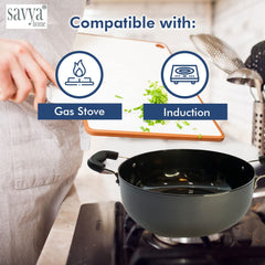 SAVYA HOME Hard Anodised Aluminium Kadai with Lid for Cooking | 22 cm Diameter | Gas & Induction Cookware | Black