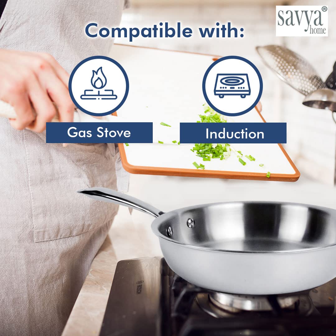 SAVYA HOME Triply Stainless Steel Frying Pan | 22 cm | 1.5 L | Stove & Induction Cookware | Heat Surround Cooking | Easy Grip Handles | Stainless Steel Fry Pan