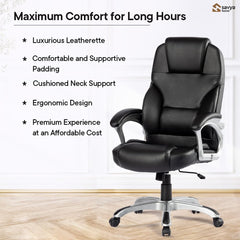 SAVYA HOME Leatherette Executive Office Chair|Study Chair for Office, Home|High Back Ergonomic Chair with Soft PU armrest for Office, Spacious Cushion Seat & Heavy Duty Chromed Base, Black