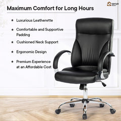 SAVYA HOME Leatherette Executive Office Chair|Study Chair for Office, Home|High Back Ergonomic Chair with Stainless Steel Armrest for Office, Spacious Cushion Seat & Heavy Duty Chromed Base,Black