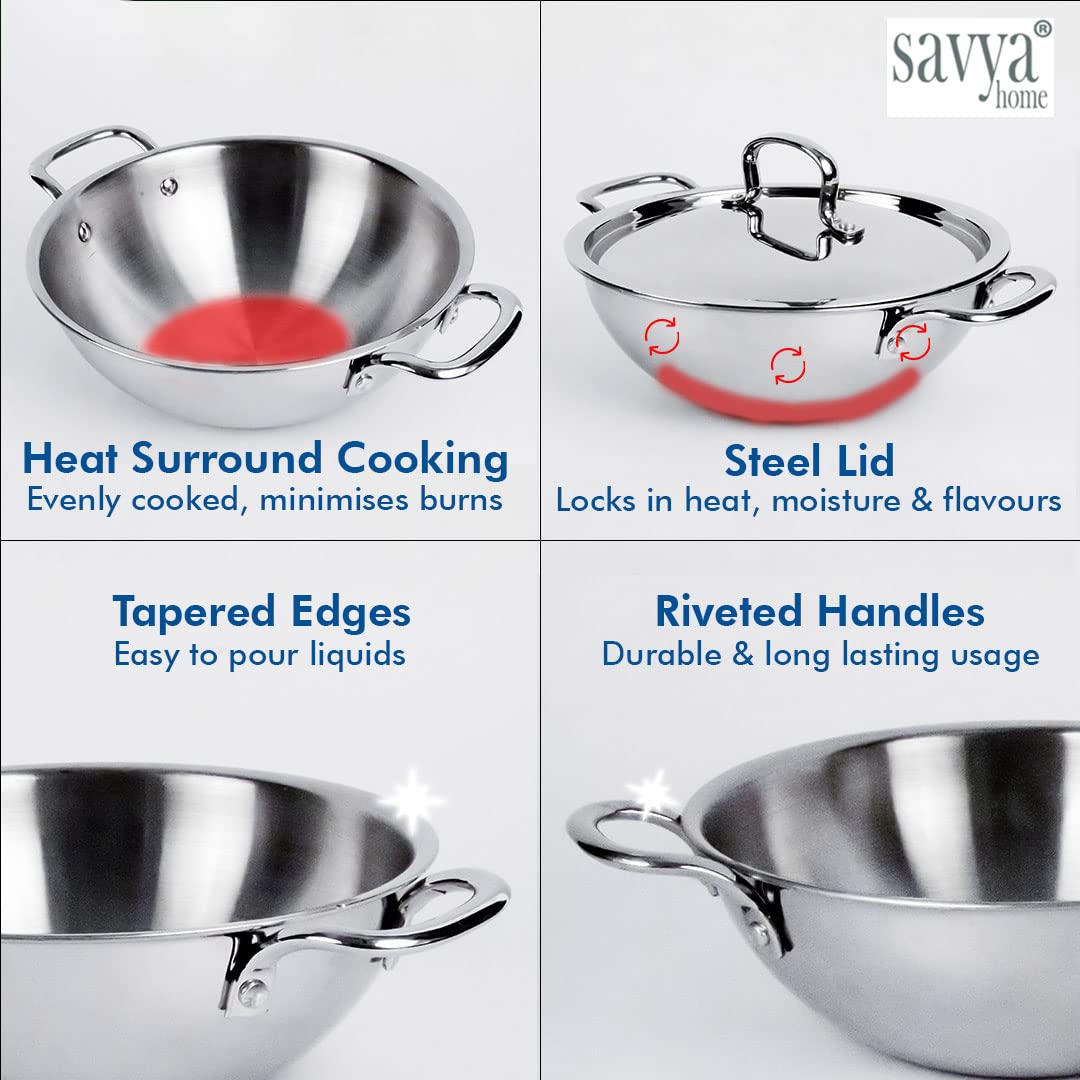 SAVYA HOME Triply Stainless Steel Kadai with Lid | 26 cm Diameter | 3.6 L Capacity | Stove & Induction Cookware | Heat Surround Cooking | Triply Stainless Steel cookware with lid