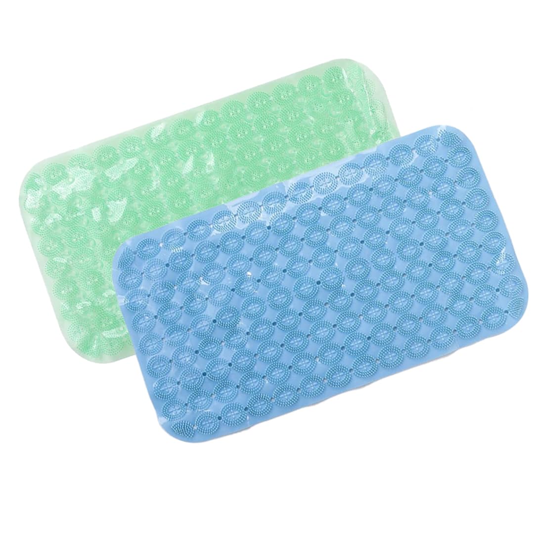 Savya Home Anti Skid Bath Mat for Bathroom, PVC Bath Mat with Suction Cup, Machine Washable Floor Mat (67x37 cm)| Light Green & Light Blue