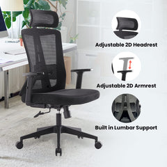 Savya Meridian Home & Office Chair, High Back Mesh Ergonomic Office Desk Chair/Study Table Chair with 2D Adjustable Armrests, Height Adjustable seat, 135° Recliner Chair (Black) (Black)