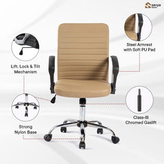 SAVYA HOME Leatherette Executive Office Chair|Study Chair for Office, Home|Mid Back Ergonomic Chair with Soft PP armrest for Office, Spacious Cushion Seat & Heavy Duty Chromed Base, Beige