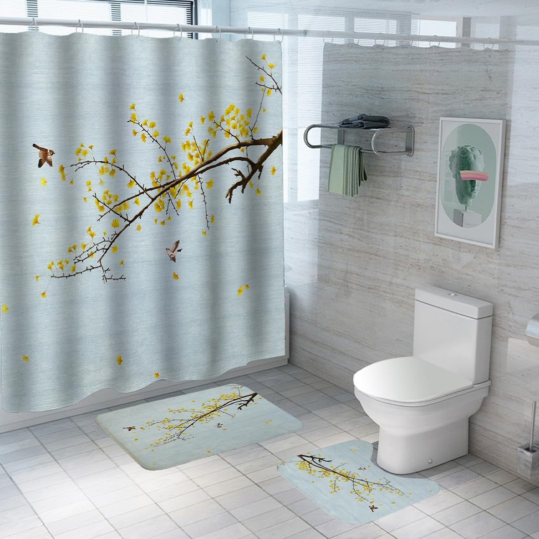 SAVYA HOME Shower Curtain (1) & Bathroom Mat (2) Set, Shower Curtains for Bathroom I, Waterproof Fabric I Anti Skid Mat for Bathroom Floor I Yellow Blossoms, Pack of 3
