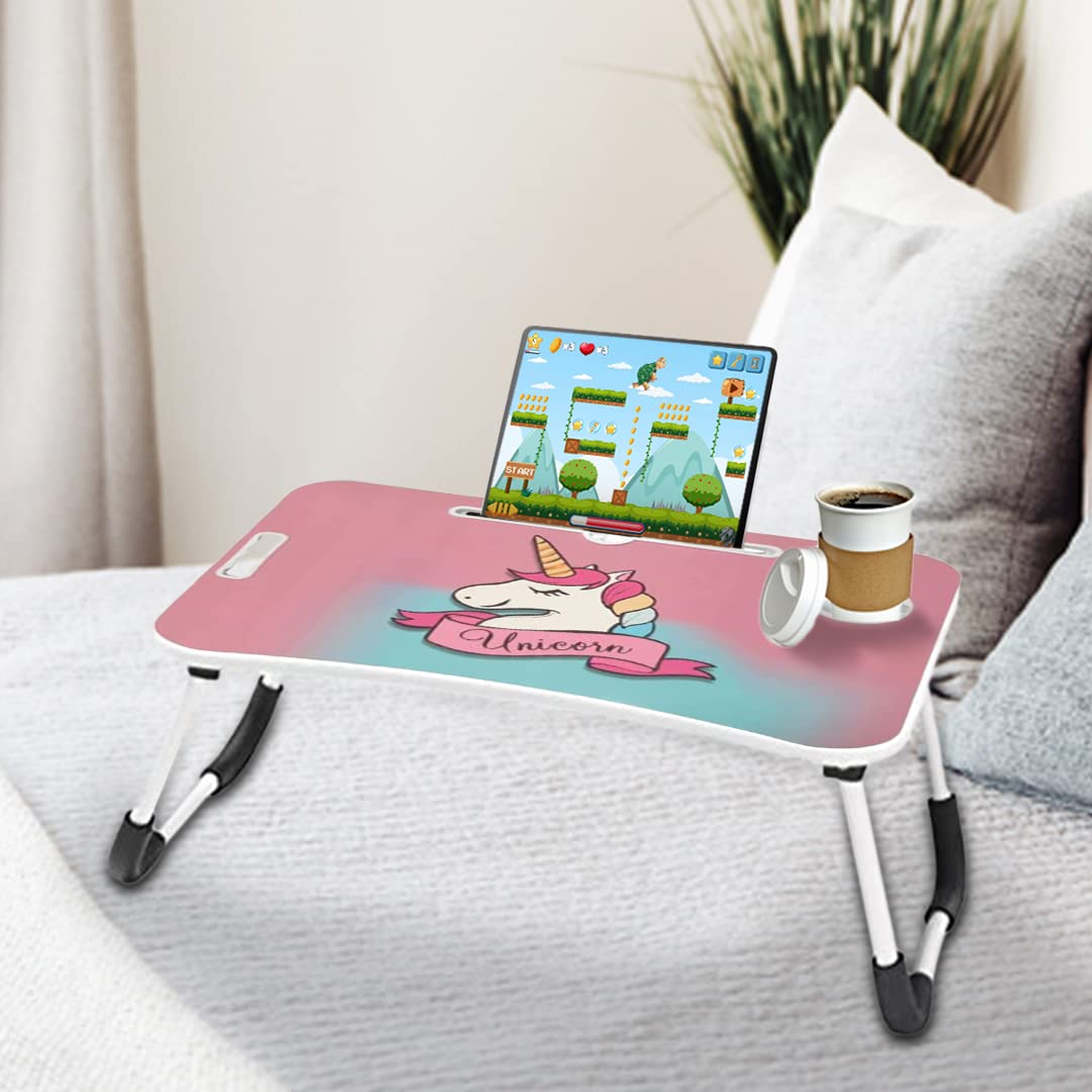 SAVYA HOME Multi-Purpose Portable Laptop Table, Foldable Wooden Desk for Bed Tray, Laptop Table, Study Table with Mug Holder, Ergonomic, Non-Slip Legs, Breakfast in Bed Table, Unicorn