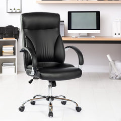 SAVYA HOME Leatherette Executive Office Chair|Study Chair for Office, Home|High Back Ergonomic Chair with Stainless Steel Armrest for Office, Spacious Cushion Seat & Heavy Duty Chromed Base,Black