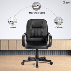 SAVYA HOME Leatherette Executive Office Chair|Study Chair for Office, Home|Mid Back Ergonomic Chair with Armrest for Office, Spacious Cushion Seat & Heavy Duty Nylon Base, Black