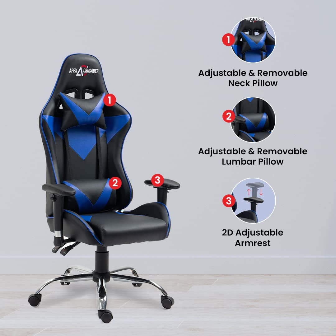 SAVYA HOME Spawn Multi-Purpose Ergonomic Gaming Chair with Adj.Seat 2D Armrest,Head & Lumbar Support Pillow | Study Table, Office Chair |135° Recliner Chair Blue-Apex Crusader Gaming Series (Blue)