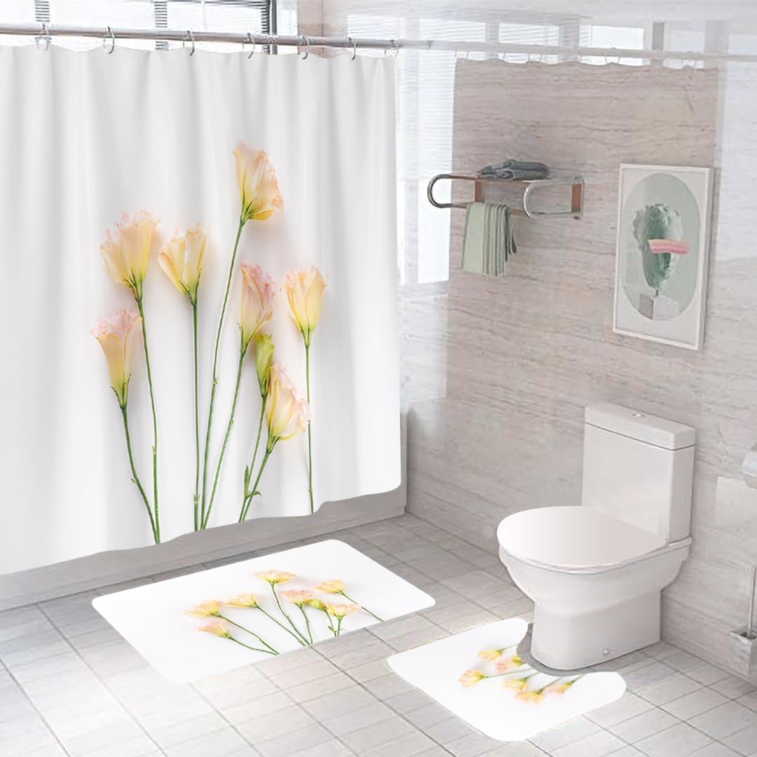 SAVYA HOME Shower Curtain (1) & Bathroom Mat (2) Set, Shower Curtains for Bathroom I, Waterproof Fabric I Anti Skid Mat for Bathroom Floor I Summer Yellow Tulips, Pack of 3