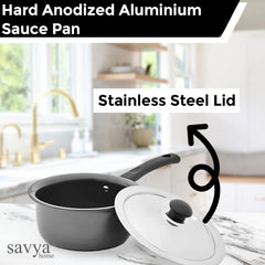 Savya Home Hard Anodized Aluminum Sauce Pan with Stainless Steel Lid | Non-Toxic, Non-Reactive, Durable & Scratch Resistant | Gas Stove & Induction Cookware Set | 16 cm, 1.6 Ltrs Capacity
