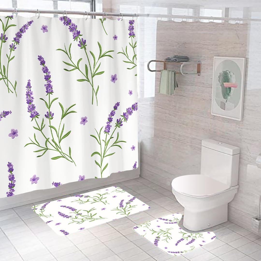 SAVYA HOME Shower Curtain (1) & Bathroom Mat (2) Set, Shower Curtains for Bathroom I, Waterproof Fabric I Anti Skid Mat for Bathroom Floor I Lavender Purple, Pack of 3