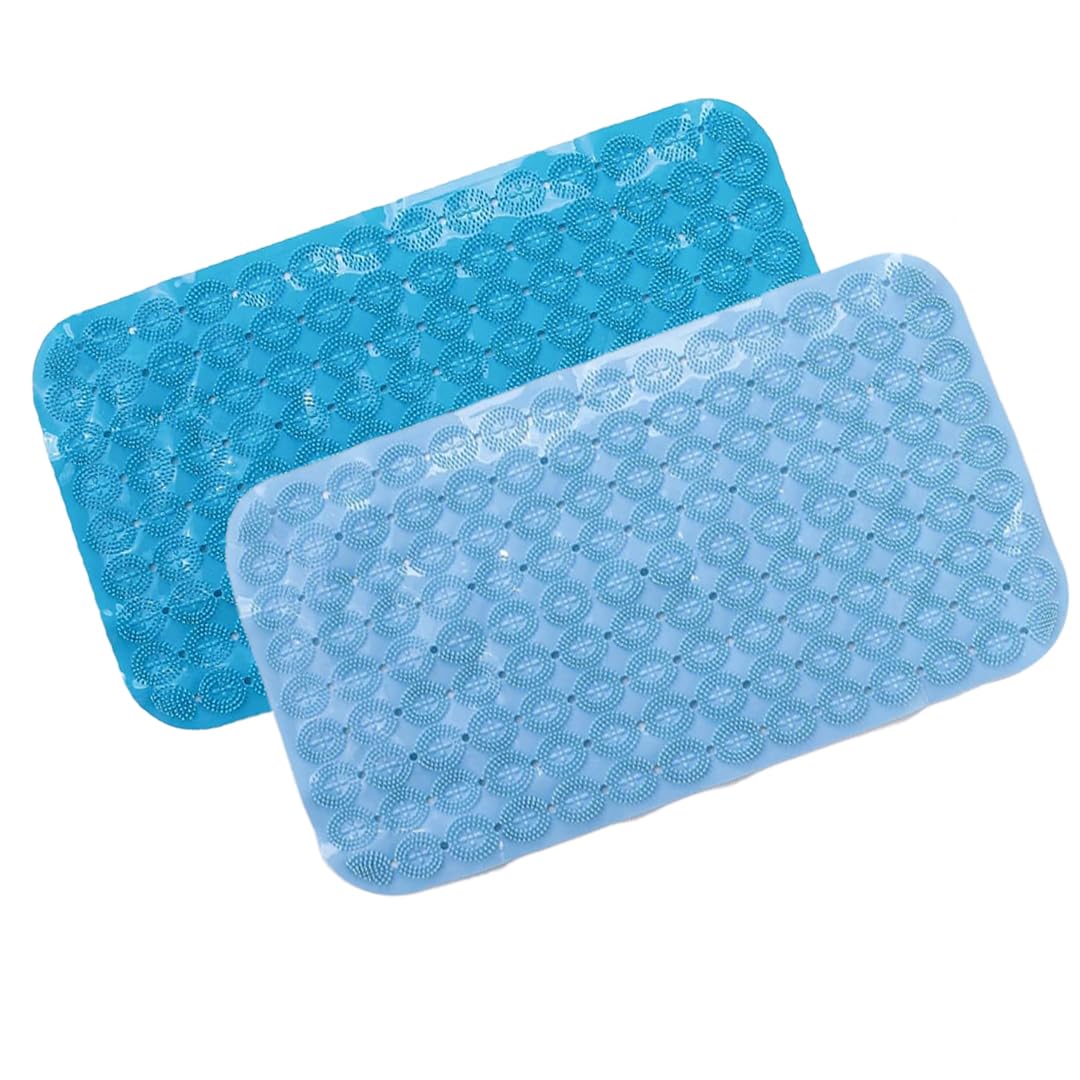 Savya Home Anti Skid Bath Mat for Bathroom, PVC Bath Mat with Suction Cup, Machine Washable Floor Mat (67x37 cm)| Light Blue & Blue