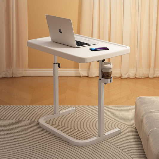 SAVYA HOME Multipurpose Manual Height Adjustable Desk for Home, Office, Room, Bedside, Couch with Cup Holder|PP Panel with Carbon Steel Frame with Cup Holder & Adjustable Table Top (White)