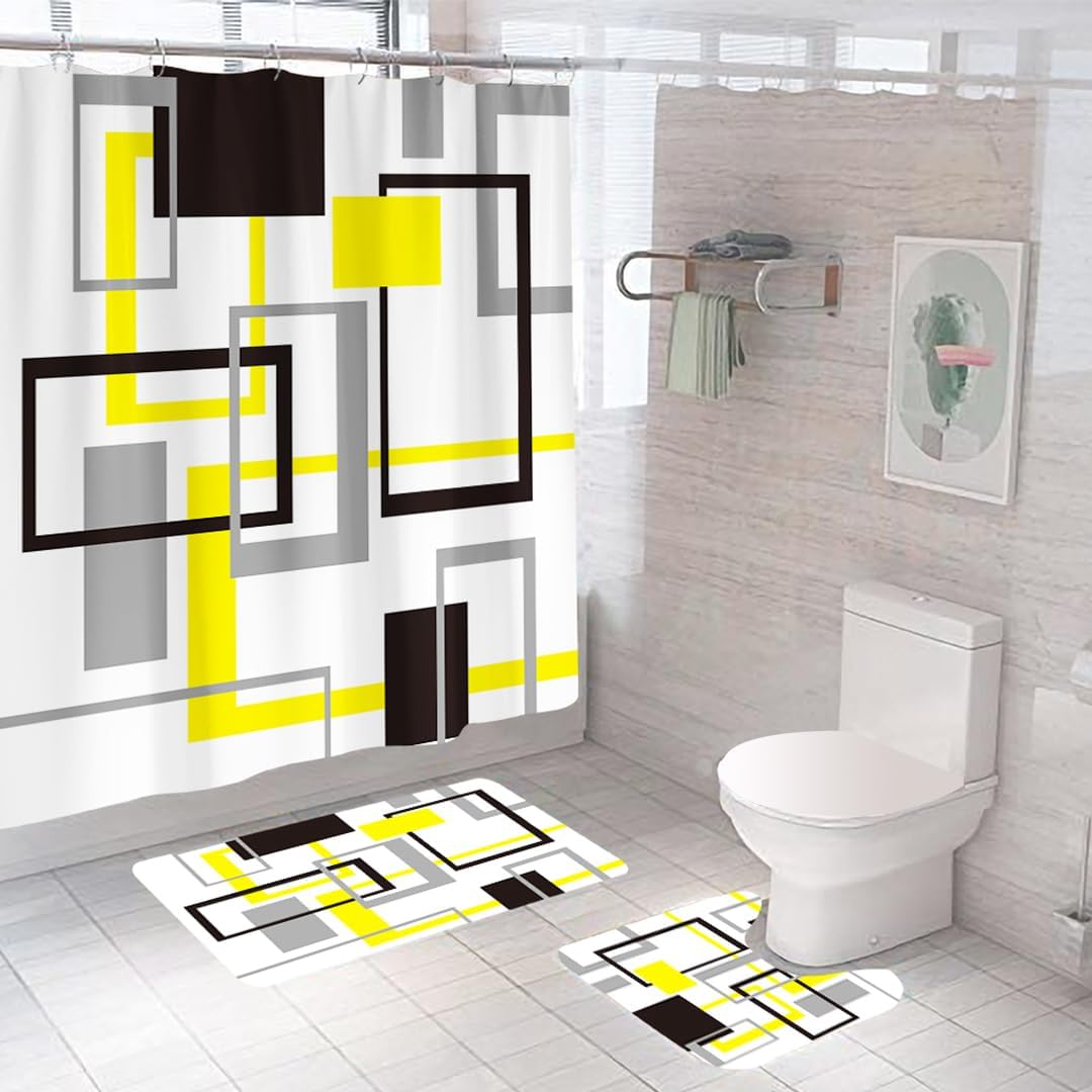 SAVYA HOME Shower Curtain (1) & Bathroom Mat (2) Set, Shower Curtains for Bathroom I, Waterproof Fabric I Anti Skid Mat for Bathroom Floor I Geometric Yellow Grey, Pack of 3