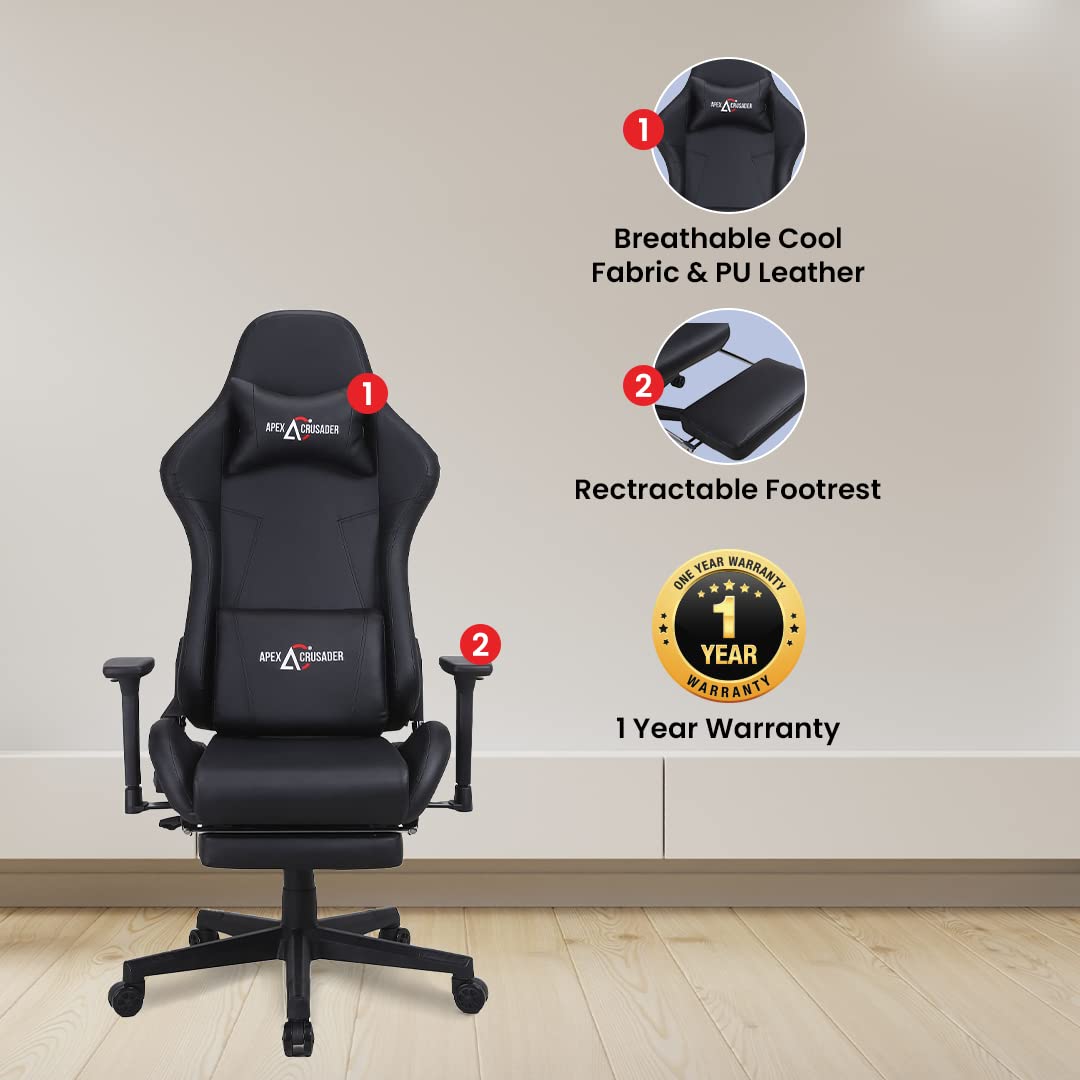 SAVYA HOME Thunder Ergonomic Gaming Chair with Adjustable Lumbar Support & Headrest, 3D armrest| Multifunctional Home & Office Chair | 180° Recliner Chair with footrest (Black)