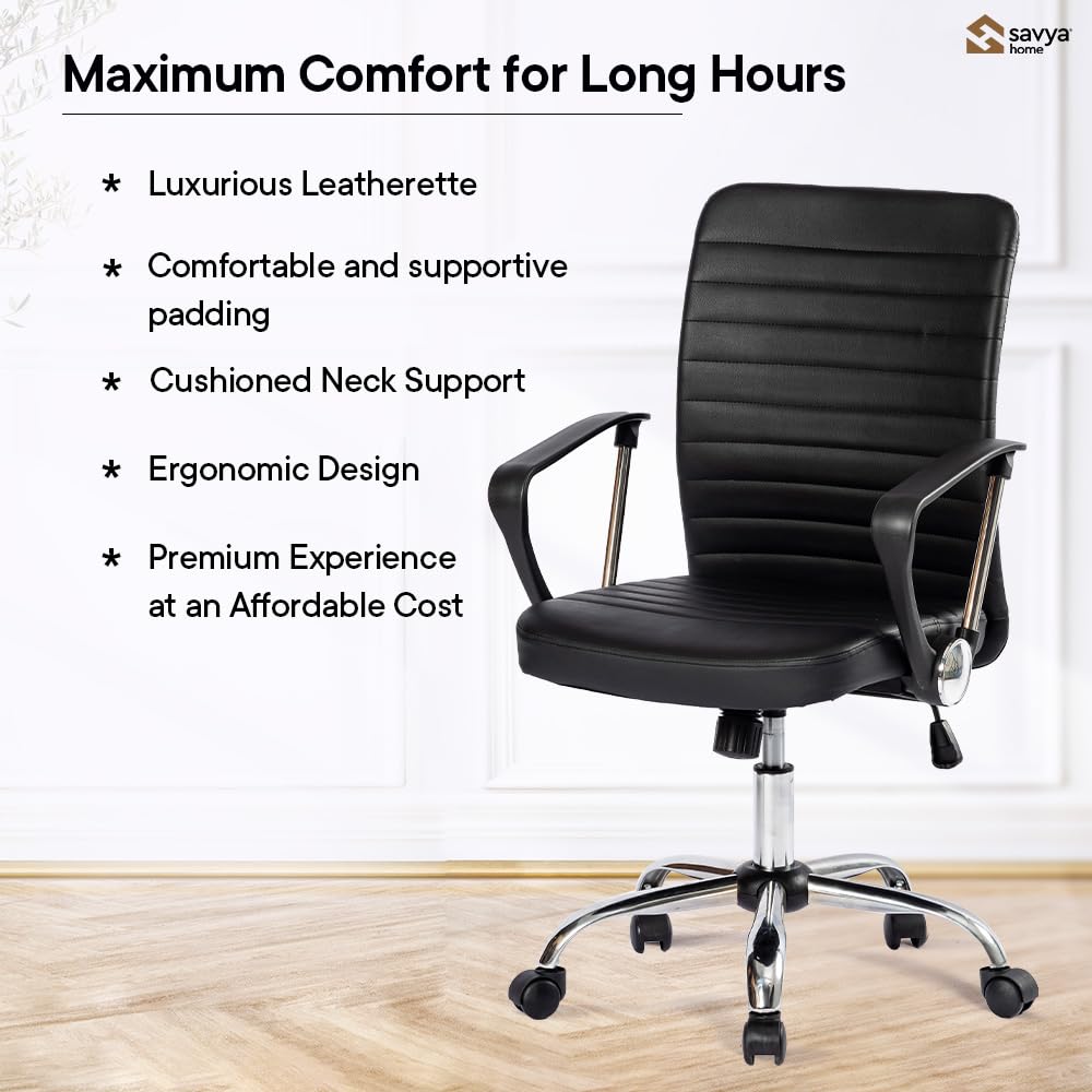 SAVYA HOME Leatherette Executive Office Chair|Study Chair for Office, Home|Mid Back Ergonomic Chair for Office, Spacious Cushion Seat & Heavy Duty Chromed Base, Black