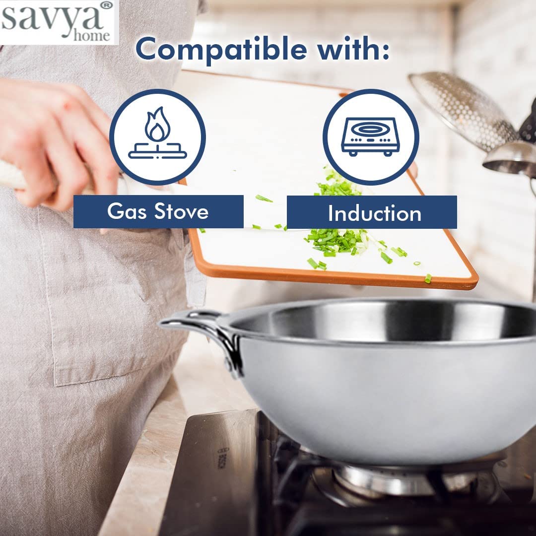 SAVYA HOME Triply Stainless Steel Kadai with Lid | 22 cm Diameter | 2.2 L Capacity | Stove & Induction Cookware | Heat Surround Cooking | Triply Stainless Steel cookware with lid