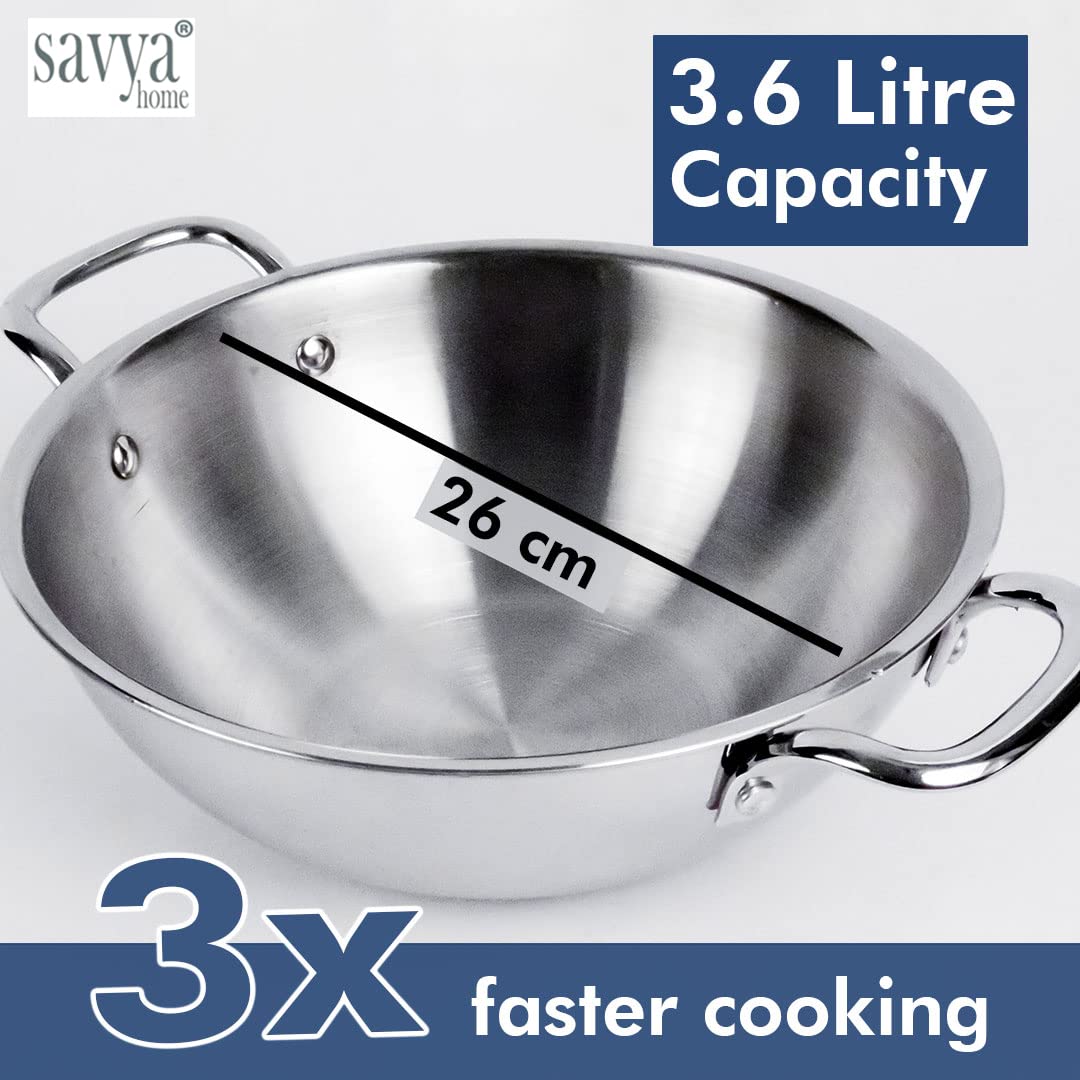 SAVYA HOME Triply Stainless Steel Kadai with Lid | 26 cm Diameter | 3.6 L Capacity | Stove & Induction Cookware | Heat Surround Cooking | Triply Stainless Steel cookware with lid