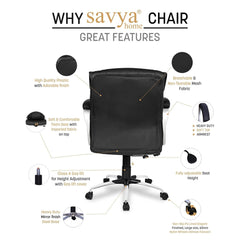 SAVYA HOME® Columbas PU Leather Executive Ergonomic Office Chair|Upholstered and Long armrest Provides Better Comfort|Tilt Feature|HIgh Back|Quilted (Black, Qty-1, PU Leather)