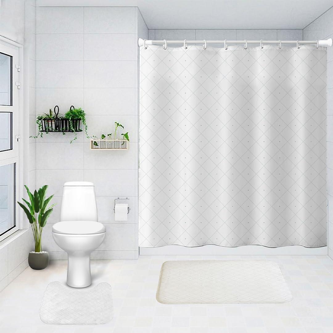 SAVYA HOME Shower Curtain (1) & Bathroom Mat (2) Set, Shower Curtains for Bathroom I, Waterproof Fabric I Anti Skid Mat for Bathroom Floor I Grey Criss Cross, Pack of 3