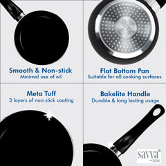 SAVYA HOME NON STICK Frying Pan | 18 cm | Stove &amp; Induction Cookware | Minimal Oil Cooking | Easy Grip Handle | 3 Layer Non Stick Coating | Non-Toxic &amp; Lightweight | 2 Year Warranty | Black