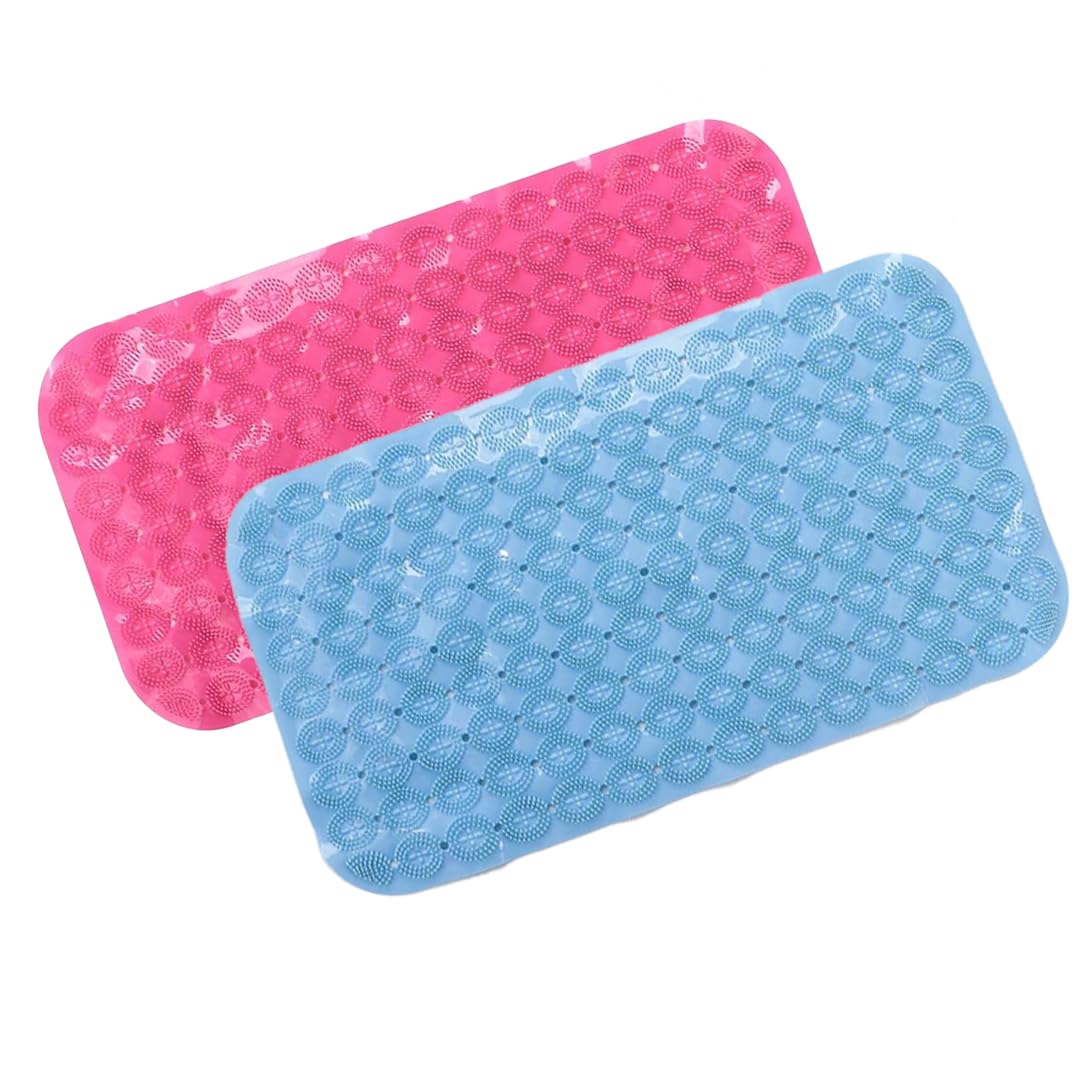 Savya Home Anti Skid Bath Mat for Bathroom, PVC Bath Mat with Suction Cup, Machine Washable Floor Mat (67x37 cm)| Light Blue & Pink
