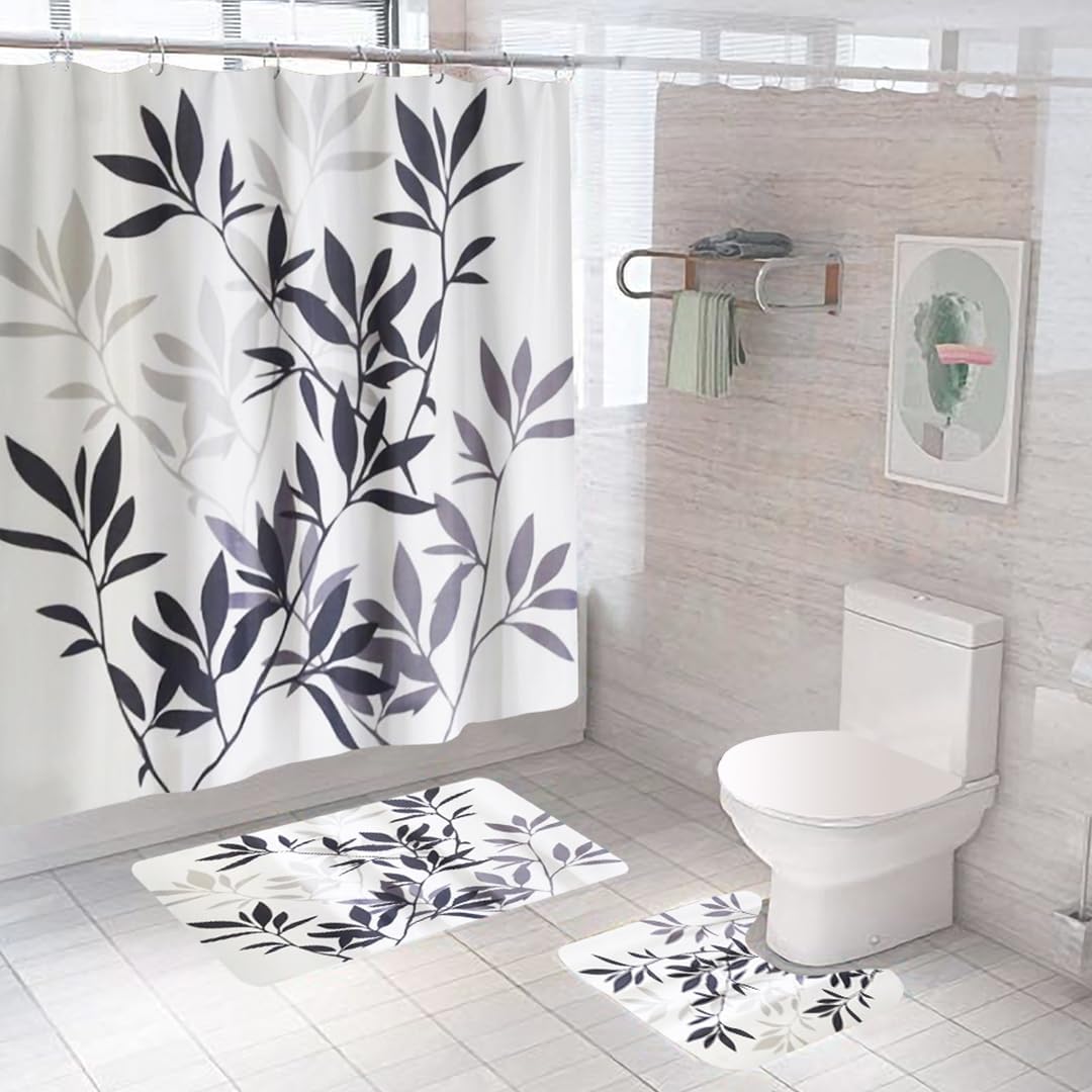 SAVYA HOME Shower Curtain (1) & Bathroom Mat (2) Set, Shower Curtains for Bathroom I, Waterproof Fabric I Anti Skid Mat for Bathroom Floor I Blue Grey Leaves, Pack of 3