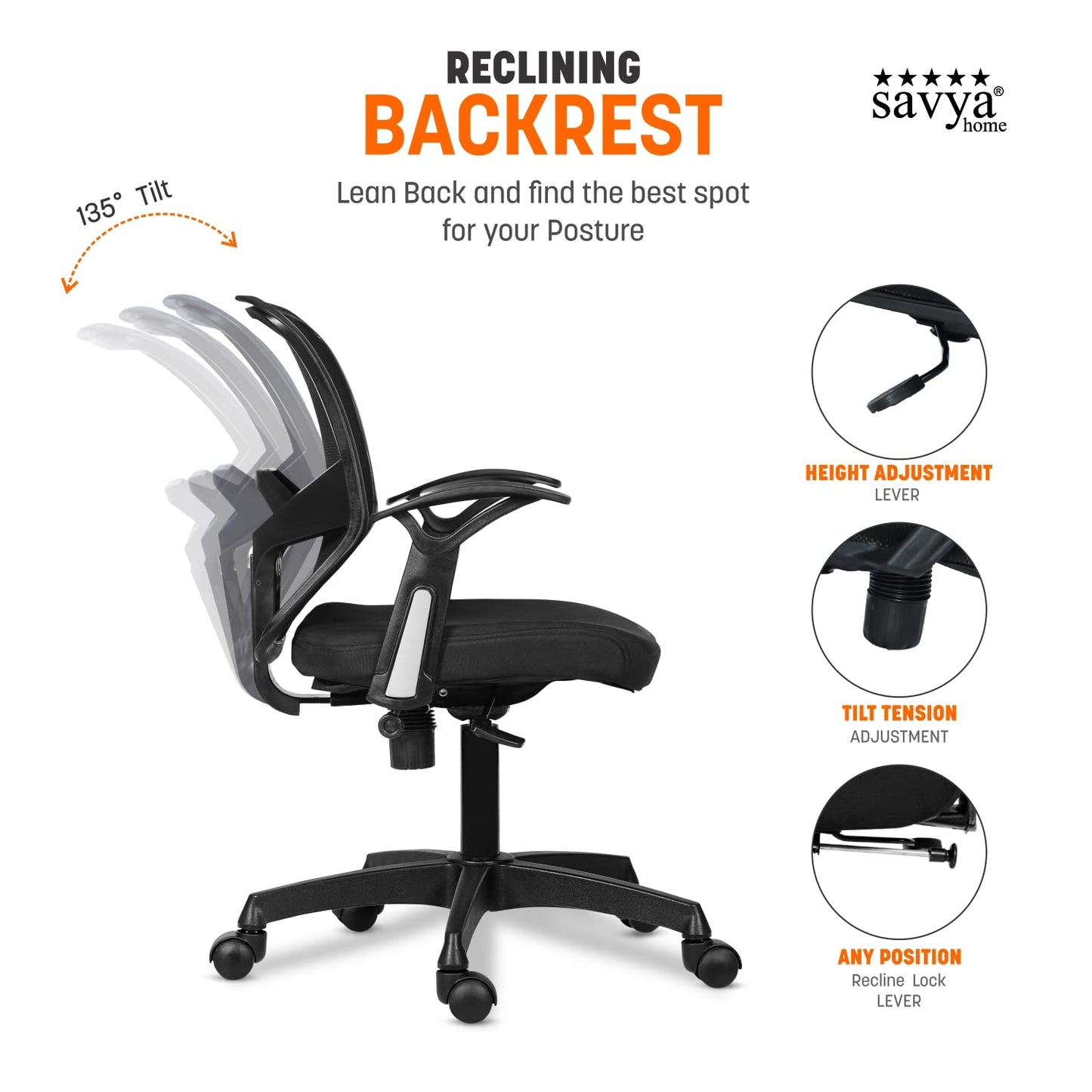 SAVYA HOME® 4th Gen Mid-Back Ergonomic Revolving Mesh Chair for Office,Work from Home & Study withTilt Lock Mechanism, Pneumatic Seat Height Adjustment, T-Type Armrest(Qty-1, Black)