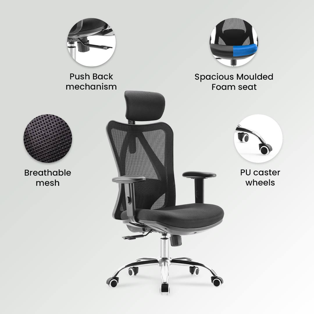 SAVYA HOME Atlas High Back Office Chair, Mesh Back Ergonomic Desk Chair with 2D Adjustable Armrest, Headrest & Lumbar Support, Heavy Duty Metal Base (Black,1)