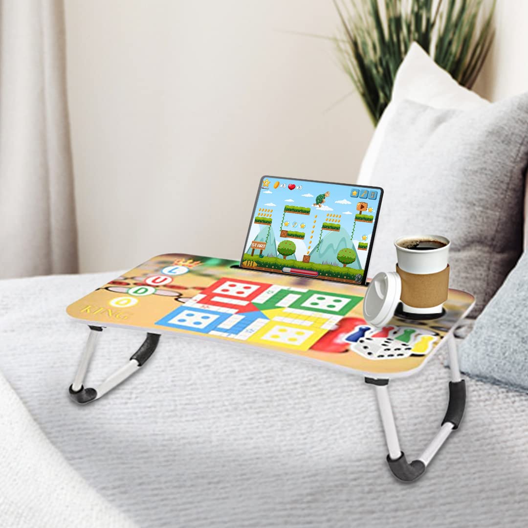 Savya Home Multi-Purpose Portable Laptop Table, Foldable Wooden Desk for Bed Tray, Laptop Table, Study Table with Mug Holder, Ergonomic, Non-Slip Legs, Breakfast in Bed Table, Ludo