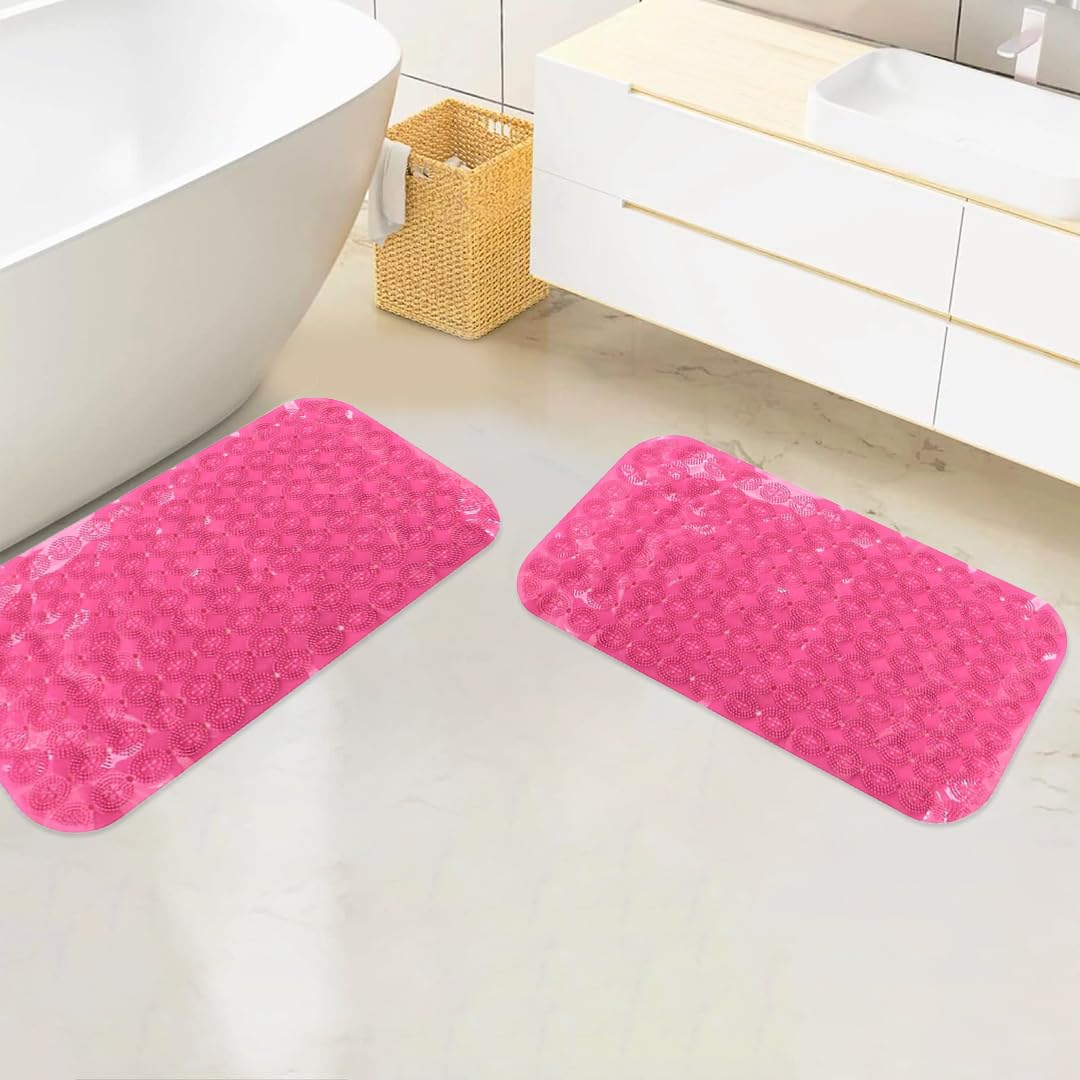 Savya Home Anti Skid Bath Mat for Bathroom, PVC Bath Mat with Suction Cup, Machine Washable Floor Mat (67x37 cm)| Pink