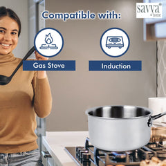 Savya Home Triply Stainless Steel Sauce pan with Lid | 18 cm | 2.2 L | Stove & Induction Cookware | Heat Surround Cooking | Easy Grip Handles | Stainless Steel Sauce pan with Handle