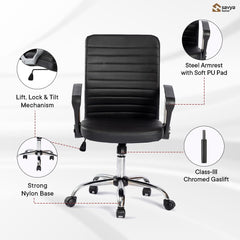 SAVYA HOME Leatherette Executive Office Chair|Study Chair for Office, Home|Mid Back Ergonomic Chair for Office, Spacious Cushion Seat & Heavy Duty Chromed Base, Black