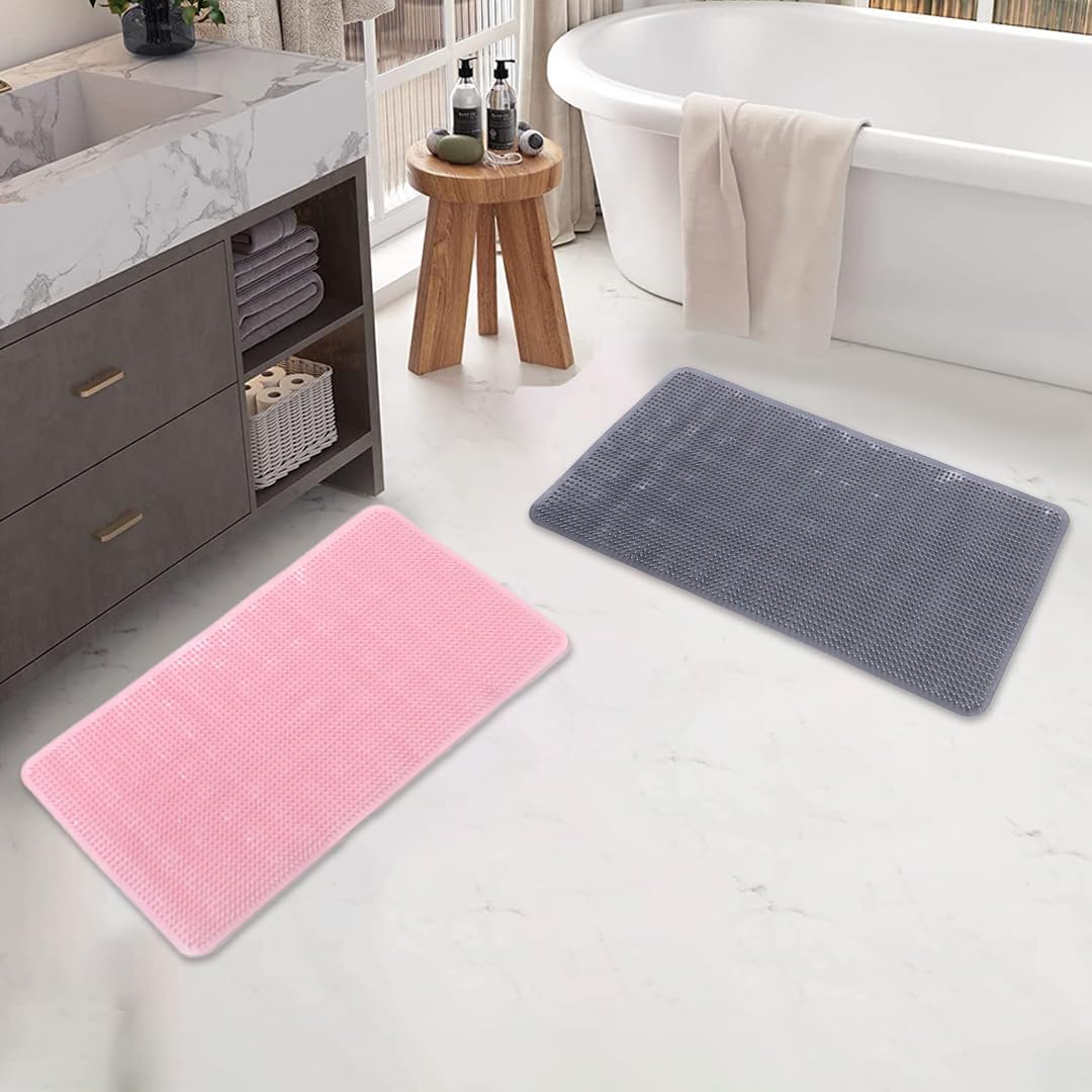 Savya Home Pack of 2 Bathroom Mat PVC/Non-Slip & Soft/Light Weight Mat for Living Room, Anti Skid Mat for Bathroom Floor/Shower Mat/Multipurpose Mat, Grey & Pink