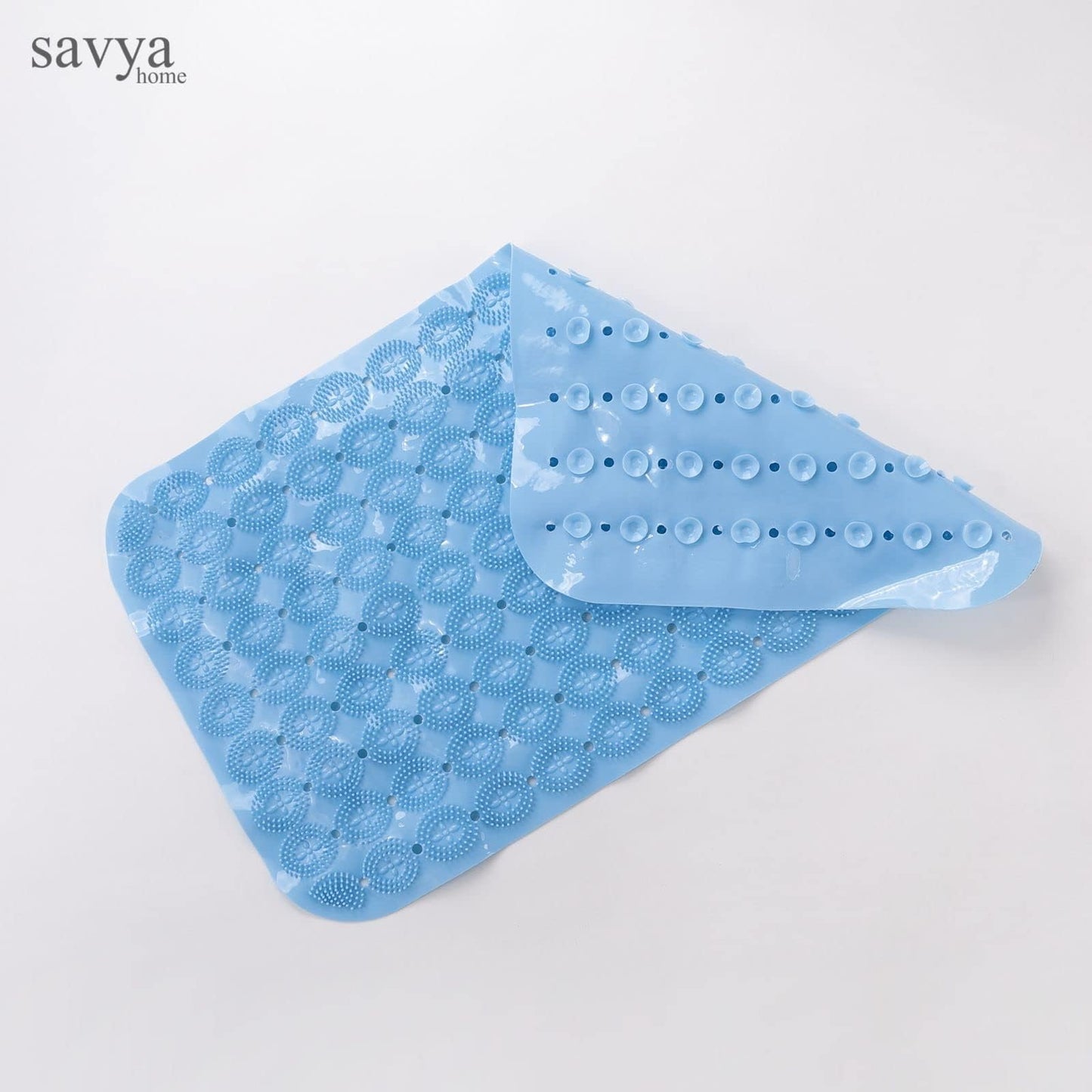 Savya Home Anti Skid Bath Mat for Bathroom, PVC Bath Mat with Suction Cup, Machine Washable Floor Mat (67x37 cm)| Light Blue & Green