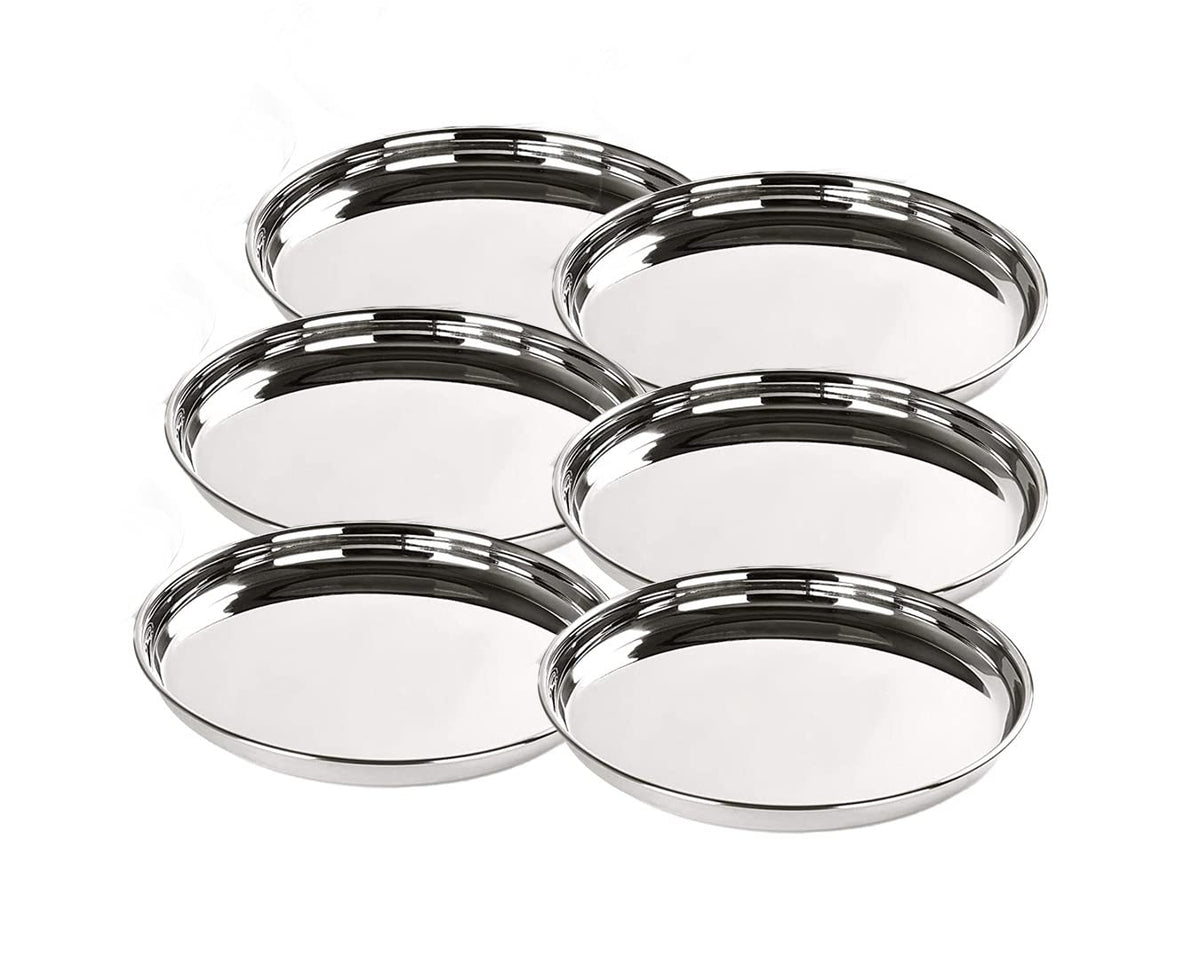 SAVYA HOME 6 Pcs Big Plate Set | Stainless Steel Dining Plate Set | Stainless Steel, Blunt Edges, Deep Base | Glossy Finish, Durable, Easy to Clean, Stackable | Steel Plates for Lunch, Breakfast, Dinner