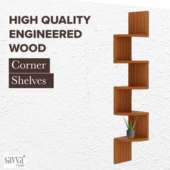 SAVYA HOME 5 Tier Zig Zag Corner Wall Shelf for Living Room | Wall Mounted Shelf Engineered Wood | Durable & Sturdy Wall Shelf | Teak Natural | 1 Piece