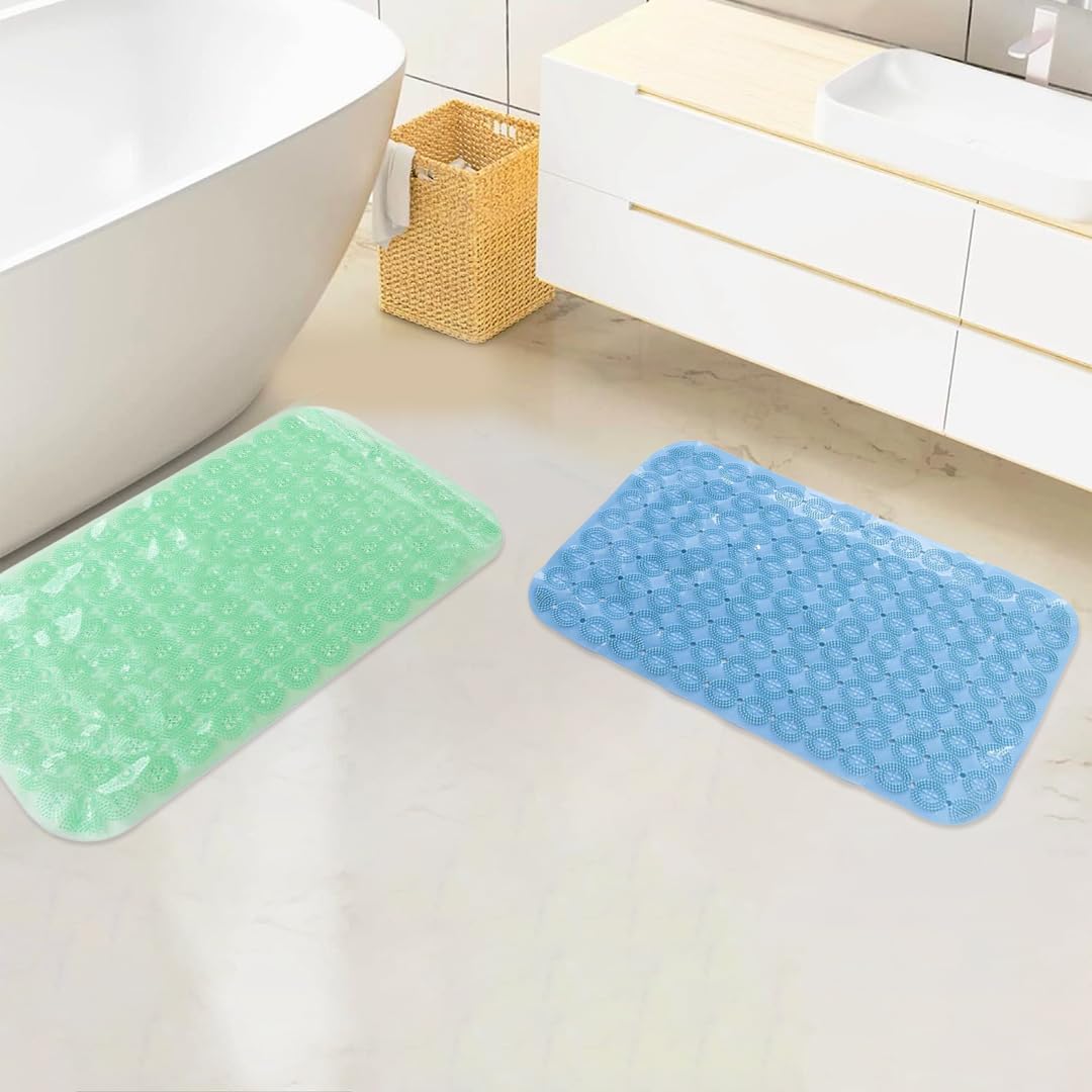 Savya Home Anti Skid Bath Mat for Bathroom, PVC Bath Mat with Suction Cup, Machine Washable Floor Mat (67x37 cm)| Light Green & Light Blue