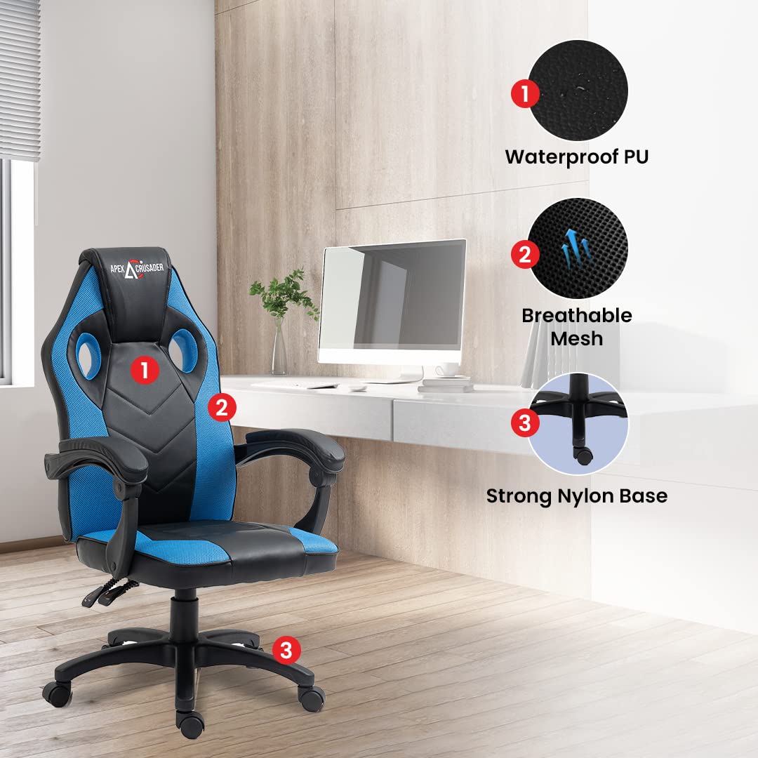 SAVYA HOME Hacker Multi-Functional Ergonomic Gaming/Computer/Home/Office Chair, Premium PVC Fabric Chair with Built-in Lumbar Support (Blue)| Apex Crusader Gaming Series (Blue)