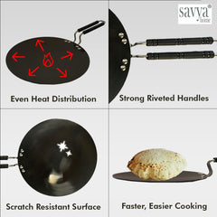 SAVYA HOME Hard Anodized Roti Tawa with Handle | 25 cm Diameter | High Grade Aluminium | Scratch Resistant Surface | Riveted Handles | Roti & Dosa Tawa | Black Color (Medium)