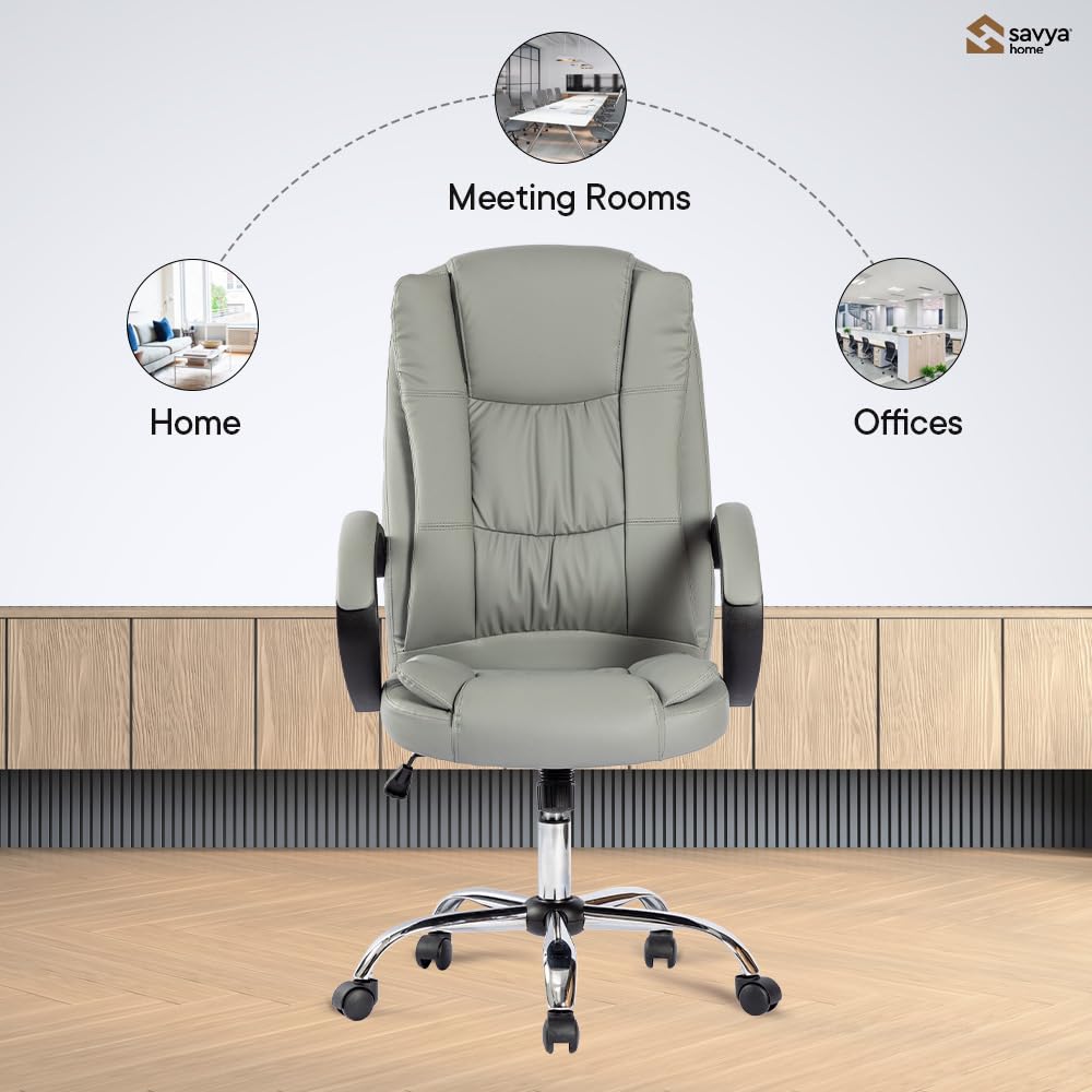 SAVYA HOME Leatherette Executive Office Chair|Study Chair for Office, Home|High Back Ergonomic Chair with Soft PU armrest for Office, Spacious Cushion Seat & Heavy Duty Chromed Base, Brown