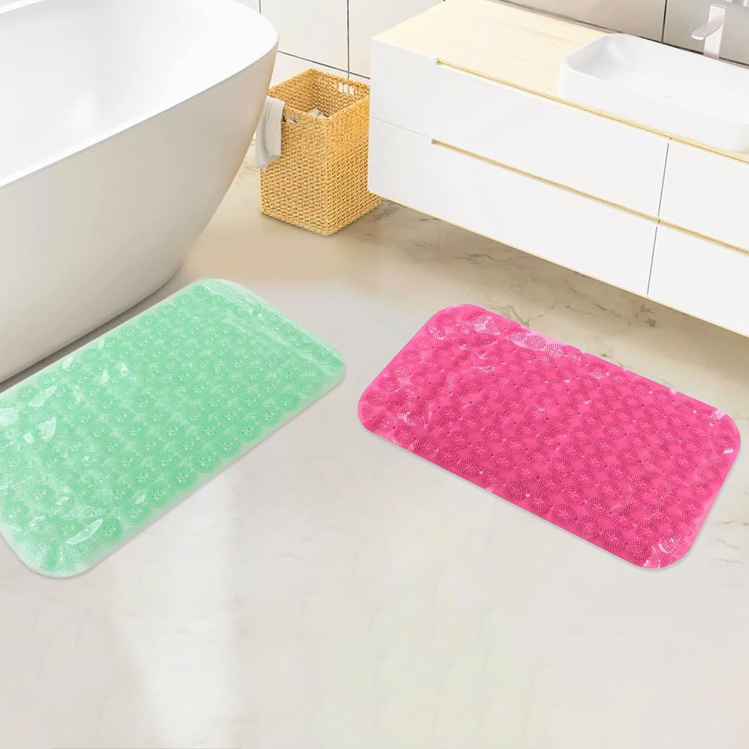 Savya Home Anti Skid Bath Mat for Bathroom, PVC Bath Mat with Suction Cup, Machine Washable Floor Mat (67x37 cm)| Light Green & Pink