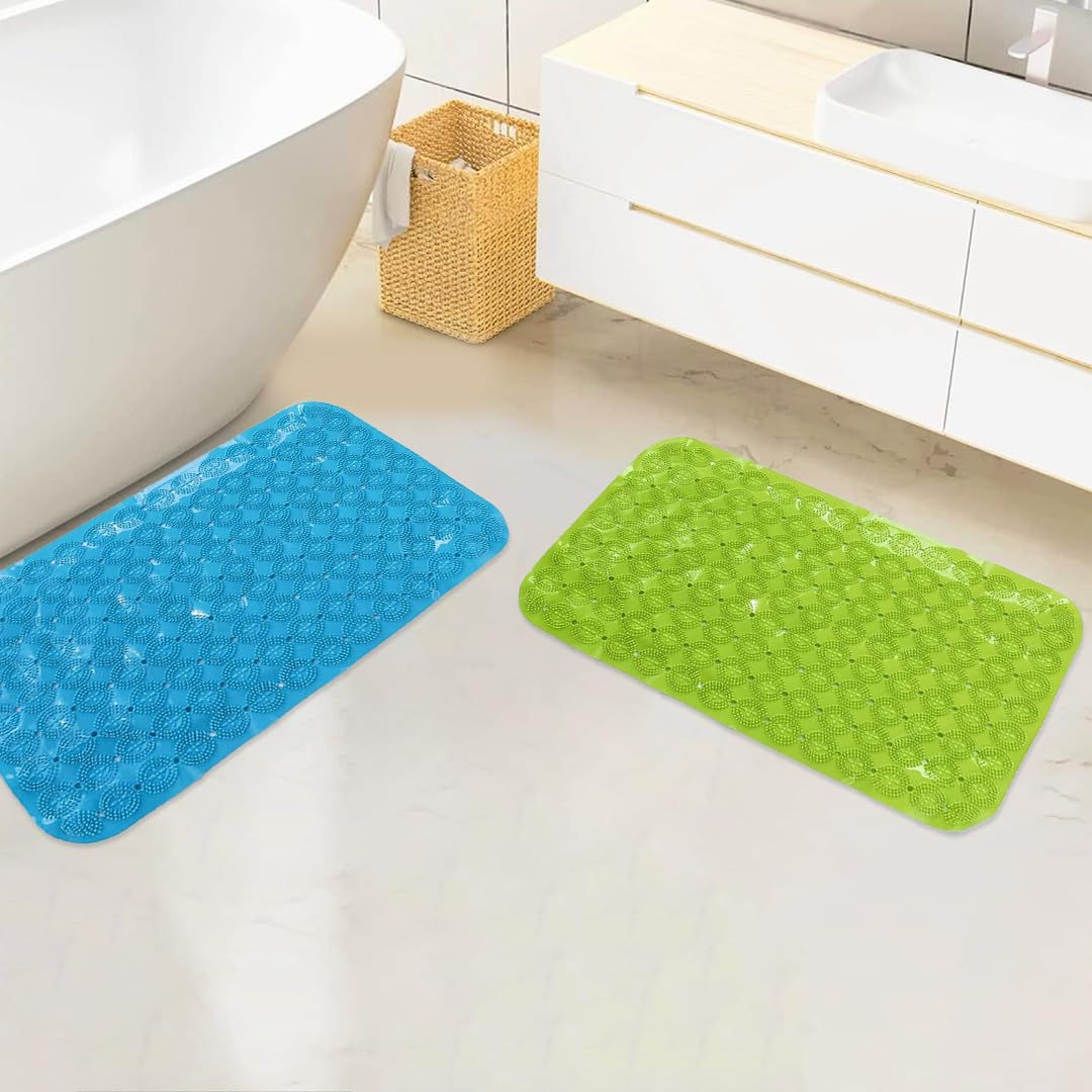 Savya Home Anti Skid Bath Mat for Bathroom, PVC Bath Mat with Suction Cup, Machine Washable Floor Mat (67x37 cm)| Blue & Green
