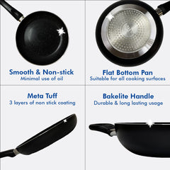 SAVYA HOME 3 Piece Non Stick Set | Non Stick Tawa 2.4mm | Non Stick Kadai | Frying Pan Non Stick | with Lid | Stove & Induction Cookware| 3 Layer Coating Non Stick Set Combo | 2 Year Warranty - Black