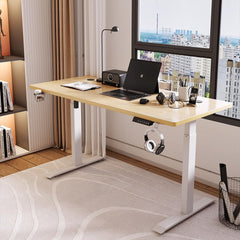 SAVYA HOME Electric Height Adjustable Engineered Wood Desk, Ergonomic Sit-Stand Desk with Digital Display with Memory Preset Option, Cup Holder & Headphone Hook (140 * 60*(72-117) cm), Beige Walnut