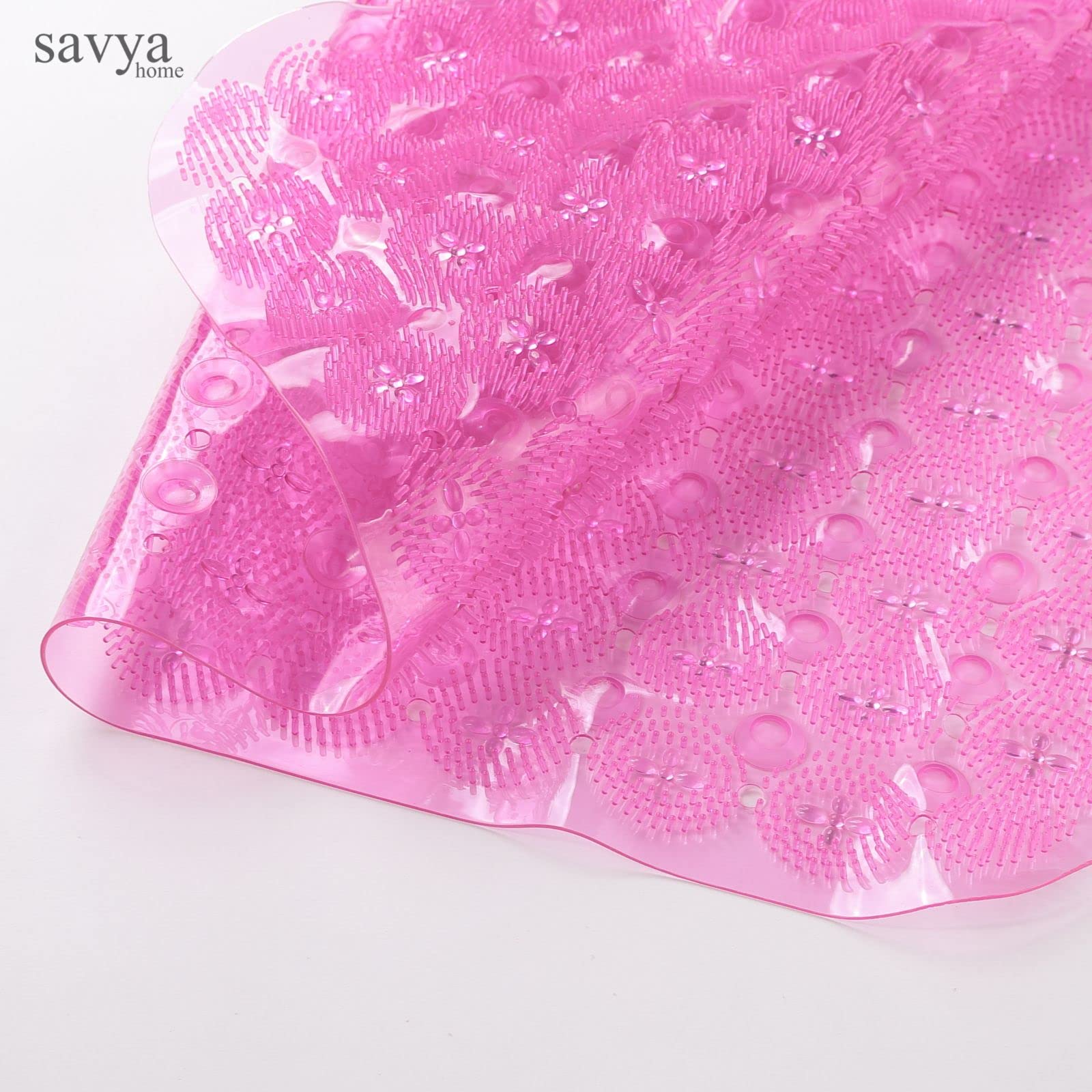 Savya Home Anti Skid Bath Mat for Bathroom, PVC Bath Mat with Suction Cup, Machine Washable Floor Mat (67x37 cm) (Light Pink)