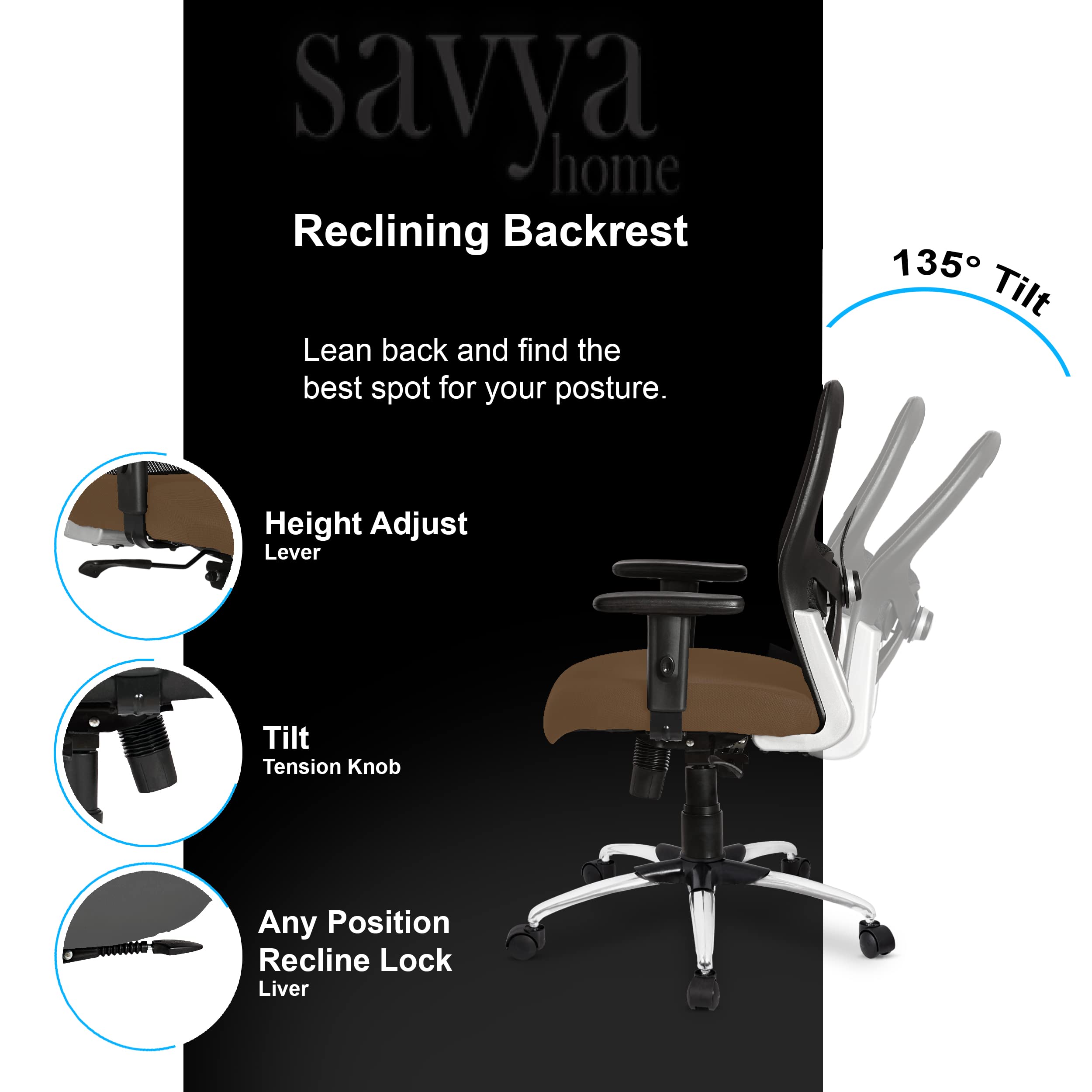 SAVYA HOME Apollo Mid Back Ergonomic Office Chair with Adjustable Arms and Anyposition Tilt Lock Mechanism (2D Lumbar Support & Contoured Meshback, 1 Piece) (Beige)