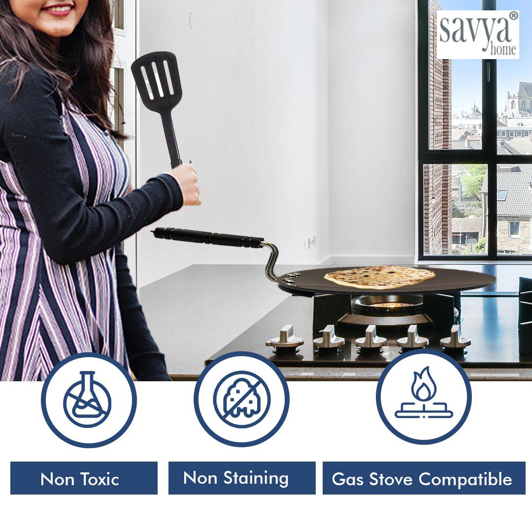 SAVYA HOME Hard Anodized Roti Tawa with Handle | 25 cm Diameter | High Grade Aluminium | Scratch Resistant Surface | Riveted Handles | Roti & Dosa Tawa | Black Color