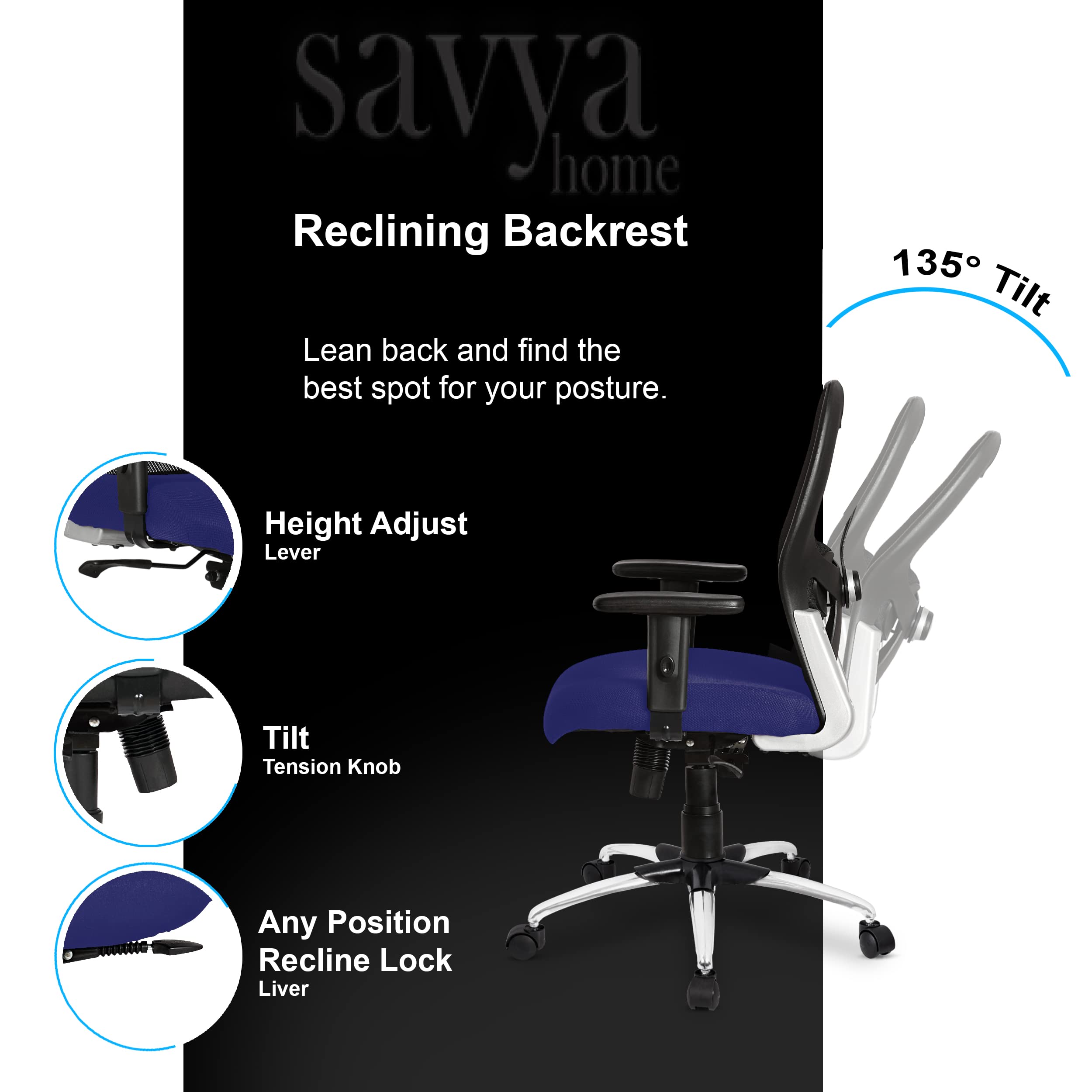 SAVYA HOME Apollo Mid Back Ergonomic Office Chair with Adjustable Arms and Anyposition Tilt Lock Mechanism (2D Lumbar Support & Contoured Meshback, 1 Piece) (Blue)
